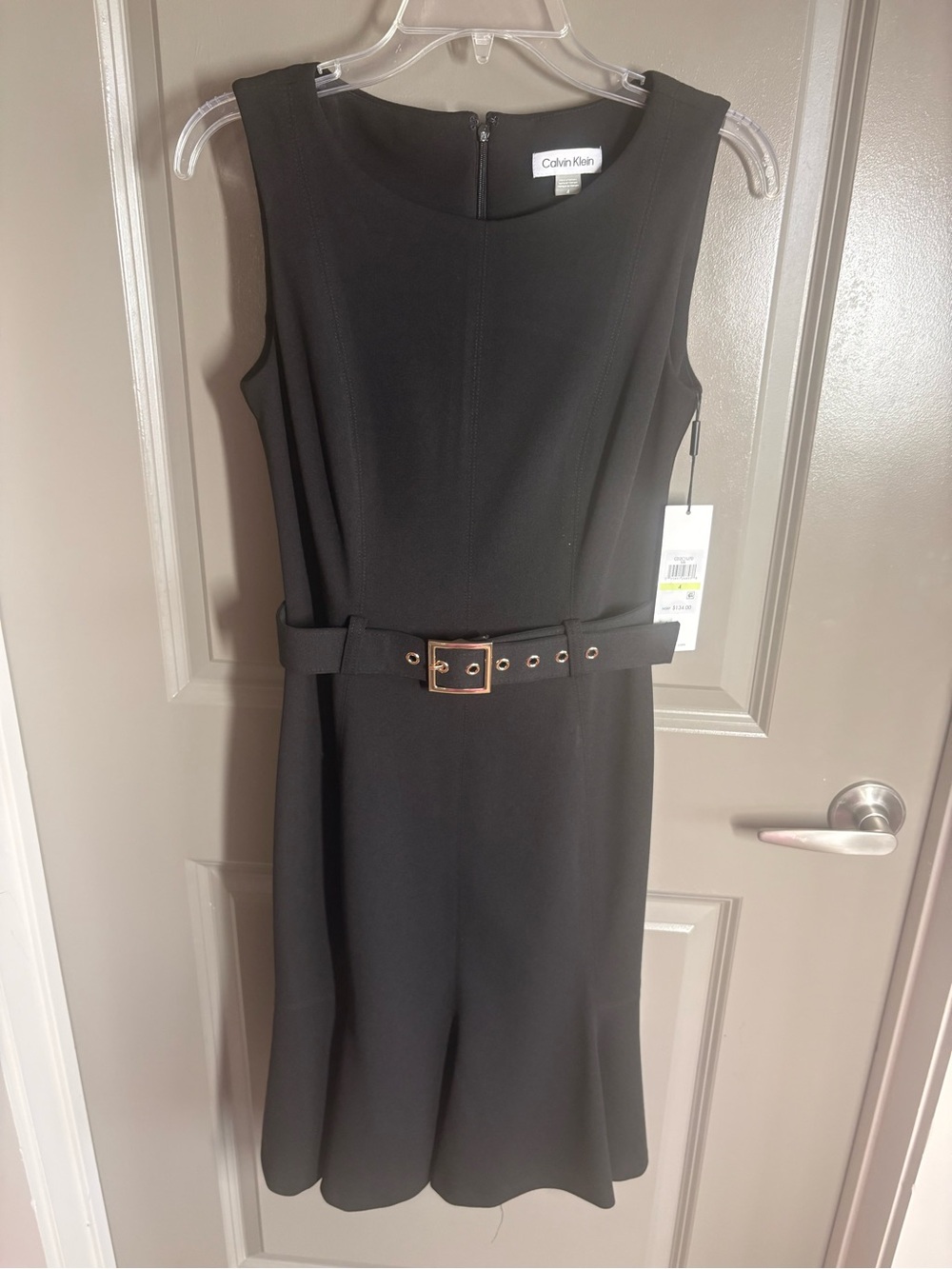 Brand New Calvin Klein Black Sleeveless Belted Sheath Dress with Gold Buckle